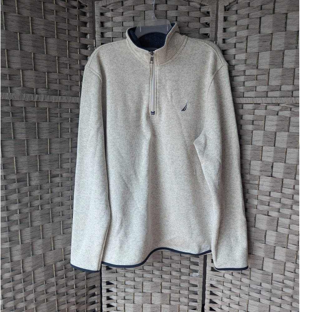 Nautica Quarter Zip Pullover Oatmeal Heather Fleece Lg Athliesure Preppy Casual - Picture 2 of 7